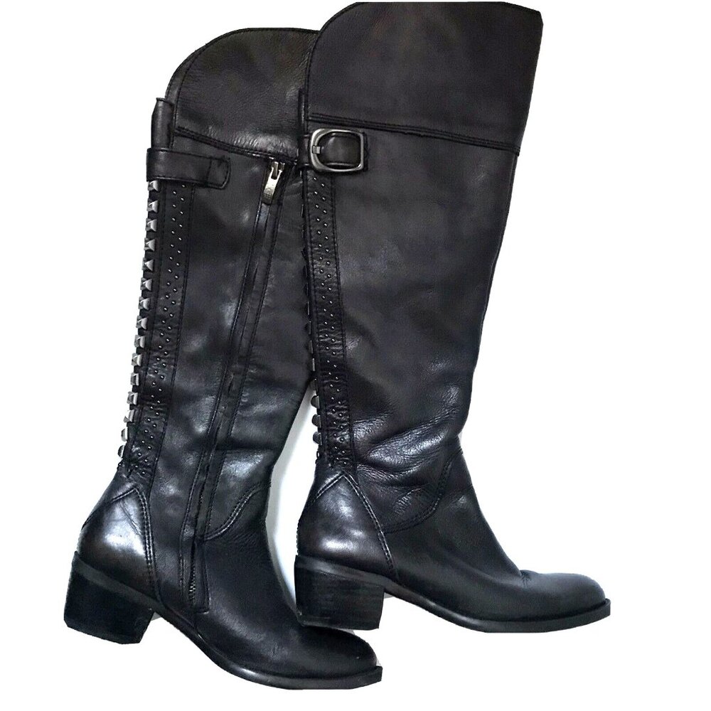 Vince Camuto VC Bollo Leather Two Tone Studded Equestrian zip black boots 6.5